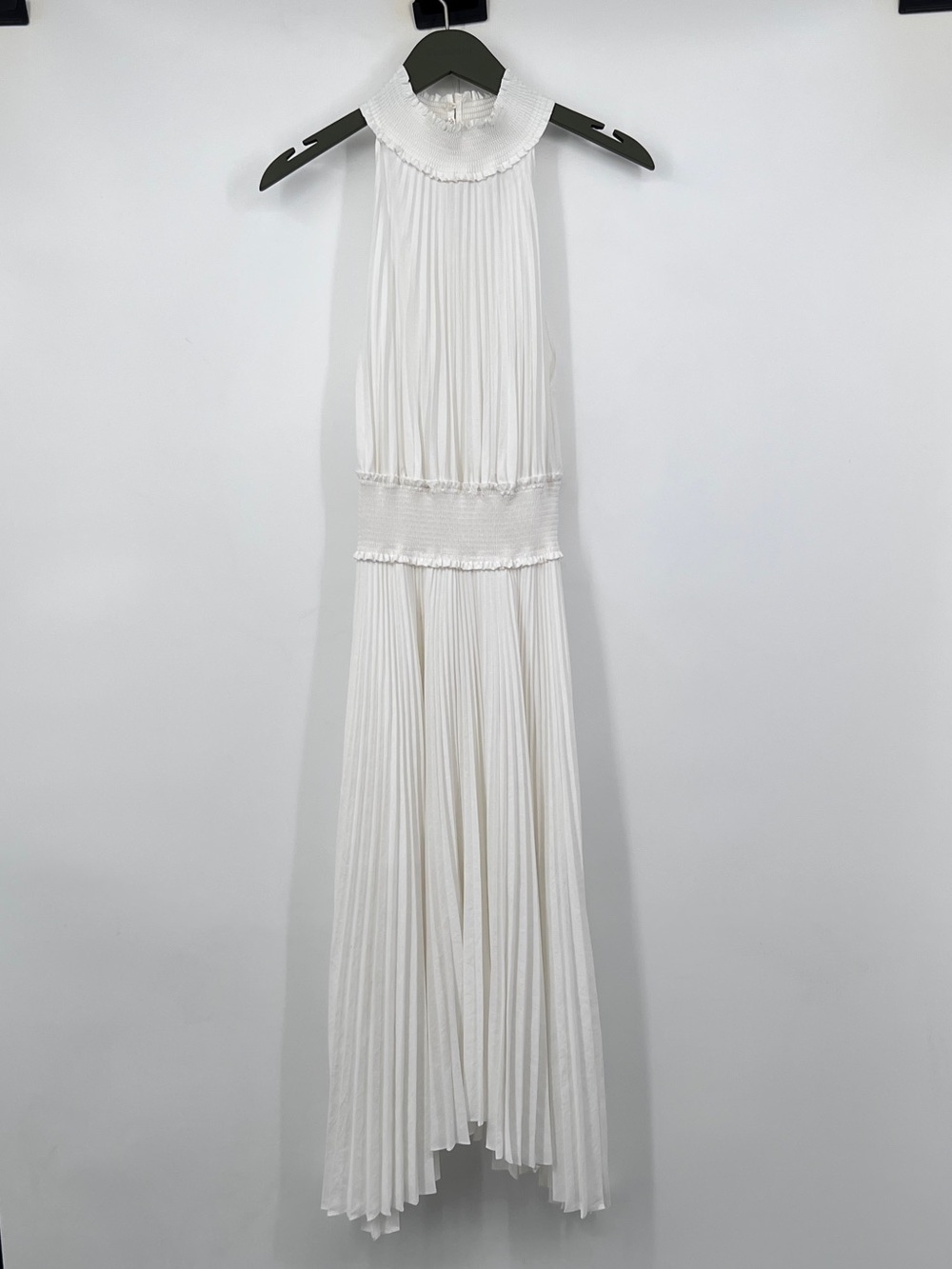 ALC White mock-neck elastic waist pleated midi asymmetrical dress. Size 2